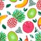 Seamless pattern. Illustration of hand painted acrylic gouache Exotic fruit pineapple banana kiwi grapefruit tropical leaves on