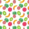 Seamless pattern. Illustration of hand painted acrylic gouache Exotic fruit pineapple banana kiwi grapefruit on white background