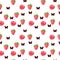 Seamless pattern illustration with pink raspberry,green leaves and butterflies