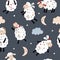 Seamless pattern illustration sleeping little sheep, cloud, moon and stars on the dark blue background