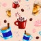 Seamless pattern illustration with winter drinks hot cocoa with marshmallows tea with lemon and cinnamon