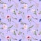 Seamless pattern with the image of beautiful wildflowers: poppy, chamomile, cornflower, thistle, bells, on a lavender background