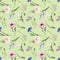 Seamless pattern with the image of beautiful wildflowers: poppy, chamomile, cornflower, thistle, bells, on a light green