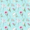 Seamless pattern with the image of beautiful wildflowers: poppy, chamomile, cornflower, thistle, bells, on a light turquoise