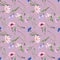 Seamless pattern with the image of beautiful wildflowers: poppy, chamomile, cornflower, thistle, bells, on a purple background