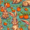 A seamless pattern with the image of bright cartoon hare with orange fruits