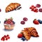 Seamless pattern with the image of croissants and berries raspberries, strawberries, currants and blueberries. Watercolor