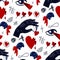 Seamless pattern with the image of the elements of the heartthrob. Hand manipulating, eyes shooting hearts, crossed out