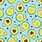 Seamless pattern with the image of emoji avocado and hearts on a blue background.