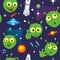 Seamless pattern with the image of funny monsters in space. Alien UFO spaceship in the universe, vector illustration.