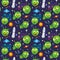 Seamless pattern with the image of funny monsters in space. Alien UFO spaceship in the universe, vector illustration.