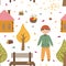 Seamless pattern with the image of a little boy in the village in the autumn season.