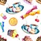 Seamless pattern with the image of sweets - cake, candy, cake, tea. Elements for the design of prints, backgrounds, wallpaper,