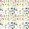 Seamless pattern with images of tropical plants, birds, fruits and nuts