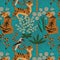 Seamless pattern with Indian tigers in the blooming wood