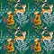 Seamless pattern with Indian tigers in the blooming wood