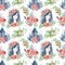Seamless pattern with indigo watercolor girls and flowers. Peonies blossom.