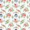 Seamless pattern with indigo watercolor girls and flowers. Peonies blossom.