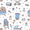 Seamless pattern with infant care products, nursery supplies, toys. Backdrop with tools for newborn babies on white