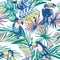 Seamless pattern ink Hand drawn Tropical palm leaves, flowers, birds.