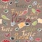 Seamless pattern with ink painted pizza related text