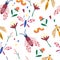Seamless pattern with insects and wildflowers. Butterflies, dragonflies, flowers, worms. Summer meadow seamless pattern. Hand