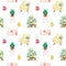 Seamless pattern with interior and furniture, chair, houseplant, painting, vase.