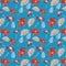 Seamless pattern of international orange golden gate bridge and Aero lotus, Purple navy sunflower and Dark salmon beautiful leaves