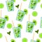 Seamless pattern: isolated mojito cocktails with lime and mint on a white background.