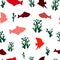 Seamless pattern: isolated multi-colored fish and corals on a white background.