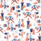 Seamless pattern with isolated people on shopping. Isometric fla
