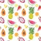 Seamless pattern with isolated watercolor summer exotic fruits - watermelon slice, pineapple, papaya, dragon fruit