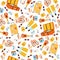 Seamless pattern with items for vacation trip. Summer tourism background. Beach resort. Tourist baggage. Voyage luggage