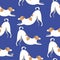 Seamless pattern with jack russell terrier on a blue background for printing on fabric or textile and baby clothes, scandinavian