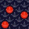 Seamless pattern with Japanese origami cranes and red circles on dark blue background