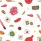 Seamless pattern with Japanese sushi, sashimi, rolls, wasabi, ginger, soy sauce on white background. Backdrop with