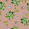 Seamless pattern with jasmine flowers painted in gouache on a pink background.