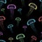 Seamless pattern of jellyfish with plankton on a black background