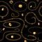 Seamless pattern with jewelry. Gold women`s jewelry on black background. Chain, bracelet, beads, pendant, ring, beads. Fabric