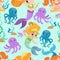 Seamless pattern with joyful mermaids and octopus