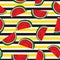 Seamless pattern of juicy slices of watermelon and horizontal stripes. Fruit abstract background, vector illustration