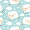 Seamless Pattern. Jumping sheep. Cloud star in the sky. Cute cartoon kawaii funny smiling sleeping baby character. Wrapping paper