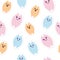 Seamless Pattern of Kawaii Cat Stickers. Cute smiling Kitty Girl. Simple Paper Cut flat style. For kid cards, room decor, web.