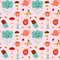 Seamless pattern with kawaii cloud, bird, candle, jam, teapot, mug, chocolate