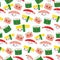 Seamless pattern Kawaii funny sushi rolls set with pink cheeks and big eyes, emoji Baby japanese background isolated on white. Vec