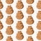 Seamless pattern with kawaii poop on white background. Cartoon poo, feces icons. Shit patterns, evil turd. Vector