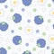 Seamless pattern in kawaii style of blackberries, white flowers and green, white, and purple dots on a purple background