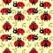 Seamless pattern for kids, cute funny ladybugs, leaves on a gentle yellow background. Print, decor for kids bedroom