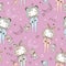Seamless pattern with kids in pajamas with Bunny toys and Teddy bear. It`s time to sleep. Vector