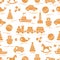 Seamless pattern with kids toys. Train, cars, balls, rocking horse, roly-poly, whale, puzzles, pyramid, boat